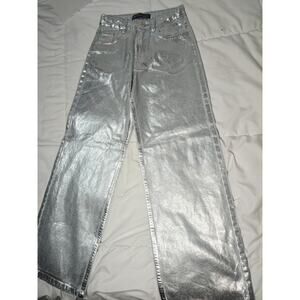 Silver Foil Coated 11 12 Denim Girl Wide Leg 90's Style Y2K Retro Baggy